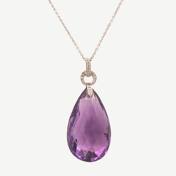 An 18K white gold necklace set with a briolette-cut amethyst and rose-cut diamonds.