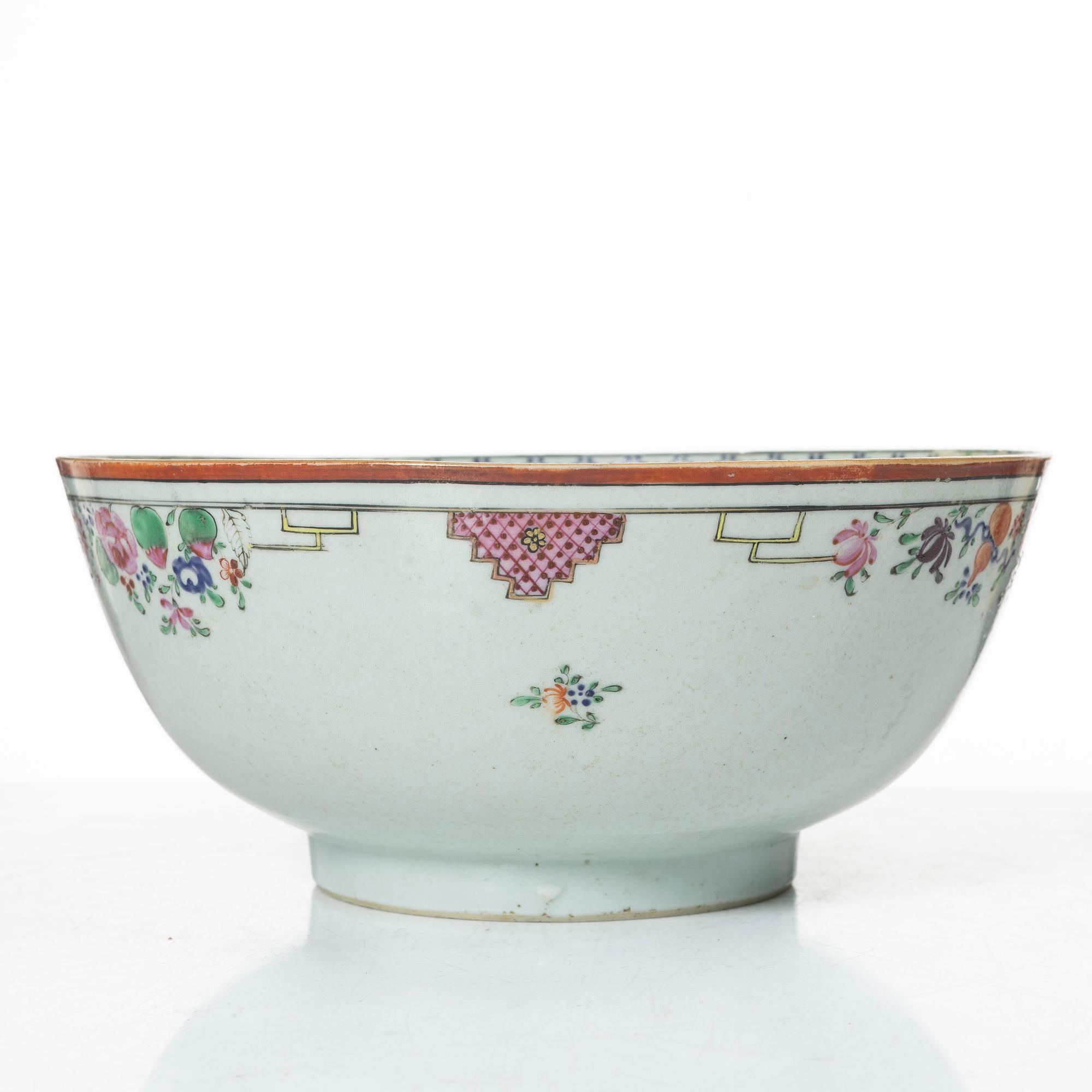 Two famille rose plates and a bowl, Qing dynasty, 18th century.