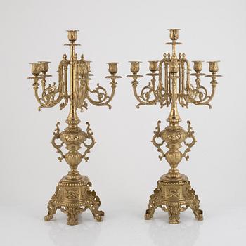 Table garniture, mantel clock, and two candelabras, Louis XV style, Lancini, Italy, second half of the 20th century.