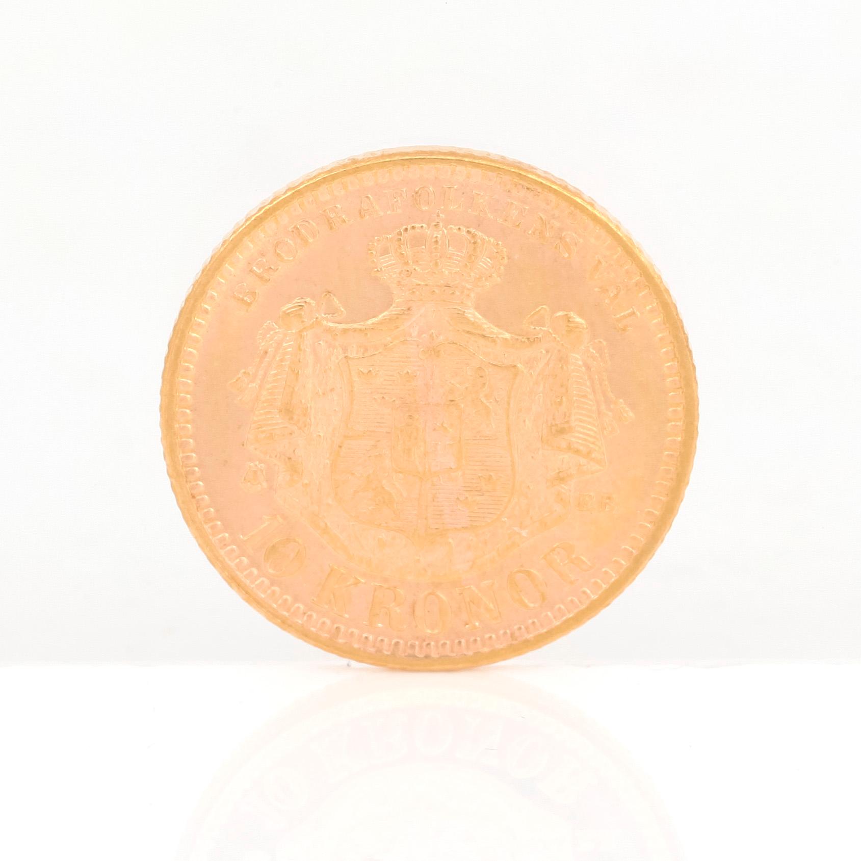 GULDMYNT, 10 kronor, Oscar II av Sverige och Norge 1901. Vikt ca 4,5 gram.