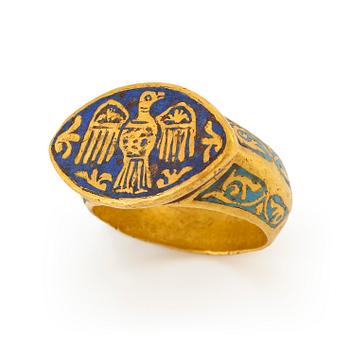 214. A modern Byzantine-style gold and enamel signet ring.