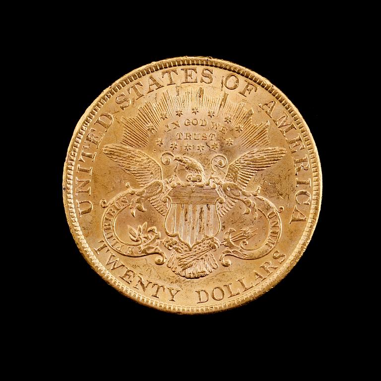 GULDMYNT, 20 dollar, Liberty Head, 1900. Vikt ca 33 gram.
