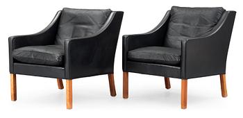 A pair of black leather Børge Mogensen armchairs, Fredericia, Denmark.