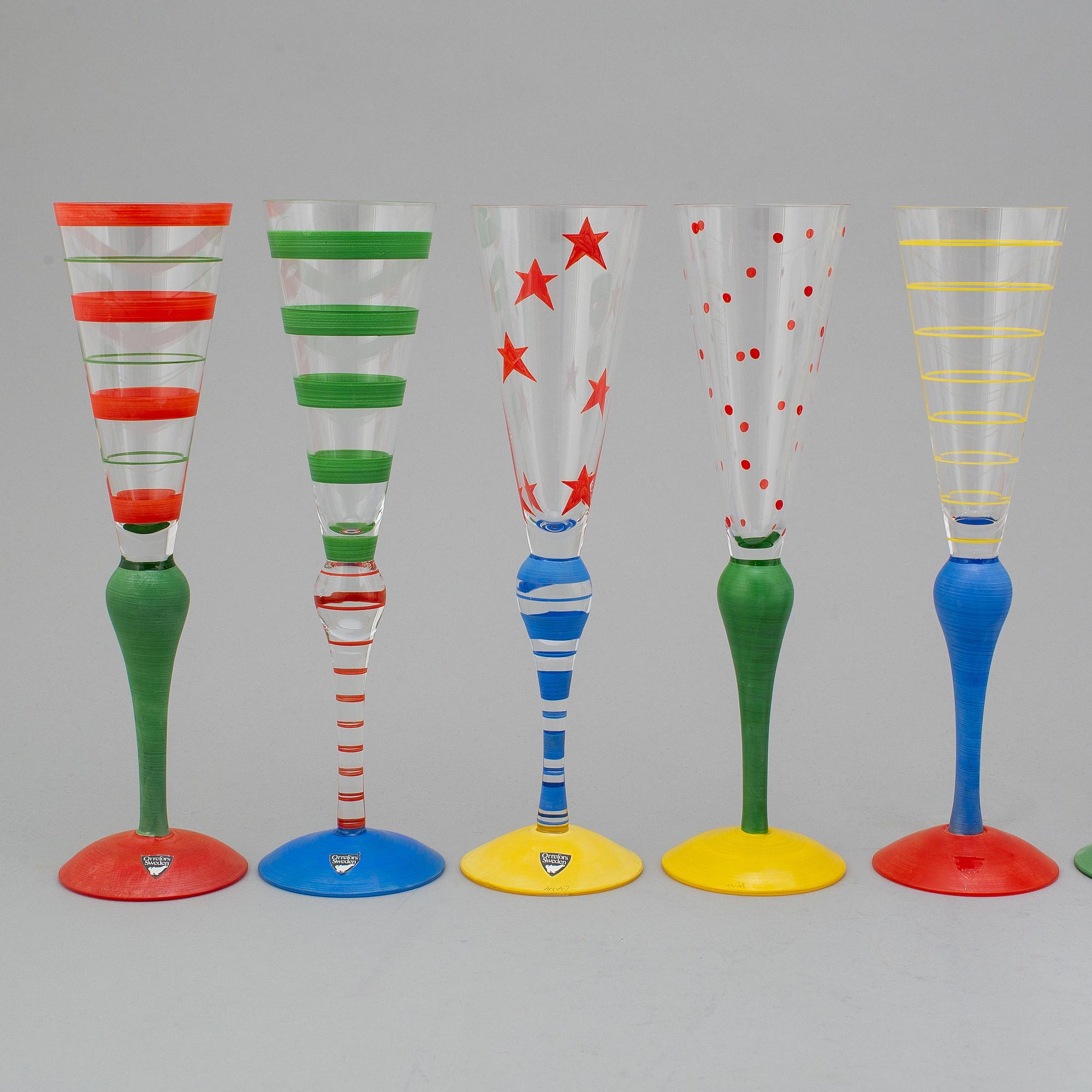 ANNE NILSSON, Nine champagne glasses, 'Clown' by Orrefors, designed in 1992.