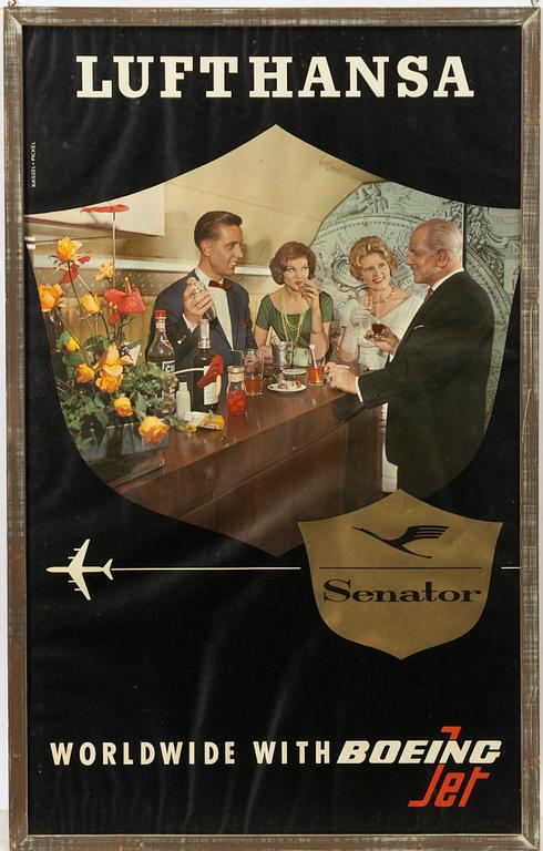 A vintage poster, 'Lufthansa Senator Worldwide with Boeing Jet'.