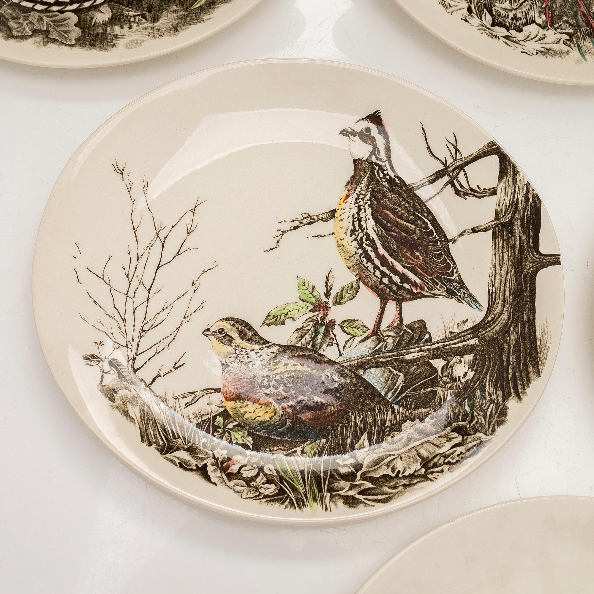 9 “Birds” plates, earthenware, Johnson Bros, England, first half/mid-20th century.