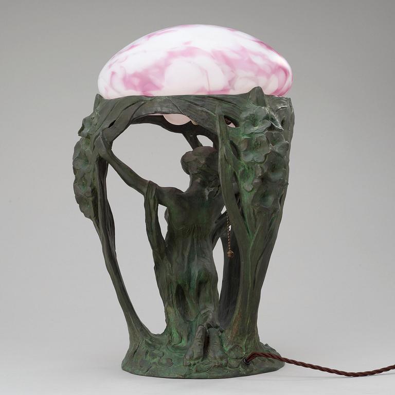 An Alice Nordin Art Nouveau patinated bronze table lamp, Herman Bergman, Stockholm 1912.