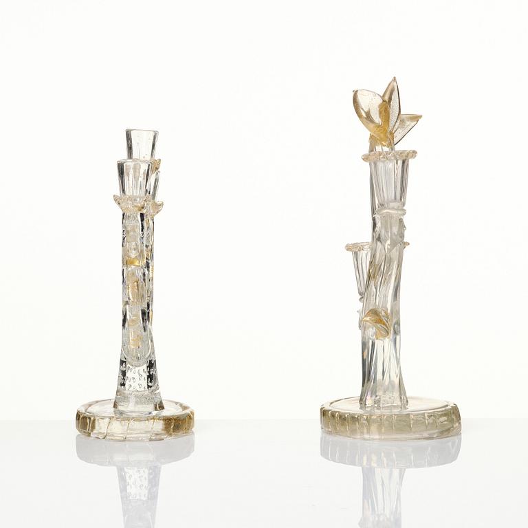 Ercole Barovier, two glass candelabra, Barovier & Toso, Murano, Italy mid 1900s.