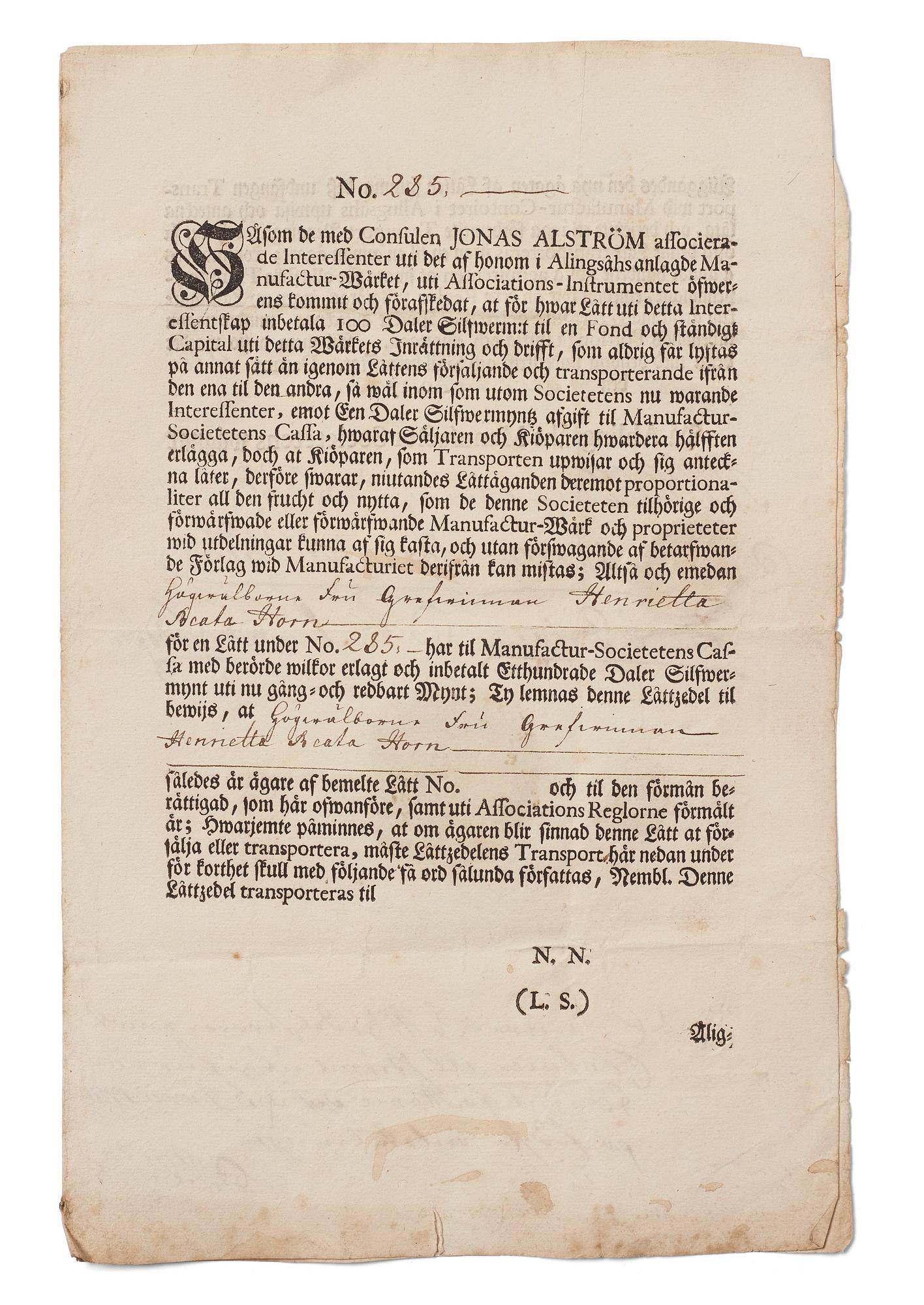 Aktiebrev, Ahlingsåhs Manufaktur Werk (Manufactur-Societet), No 285, 1728,