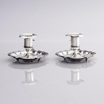 A pair of Swedish 18th century silver chamber-candlesticks, marks of Jürgen Friedrich Sickman, Stockholm 1757.