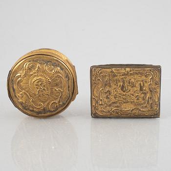 Two Louis XV gilt copper snuff boxes, later part 18th century.