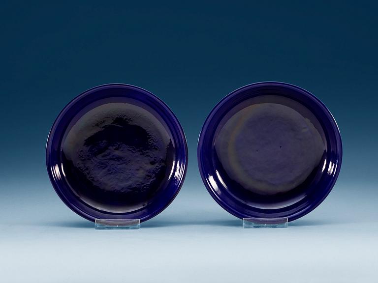 A pair of deep purple glazed dishes, Qing dynasty, with Qianlong six character mark.