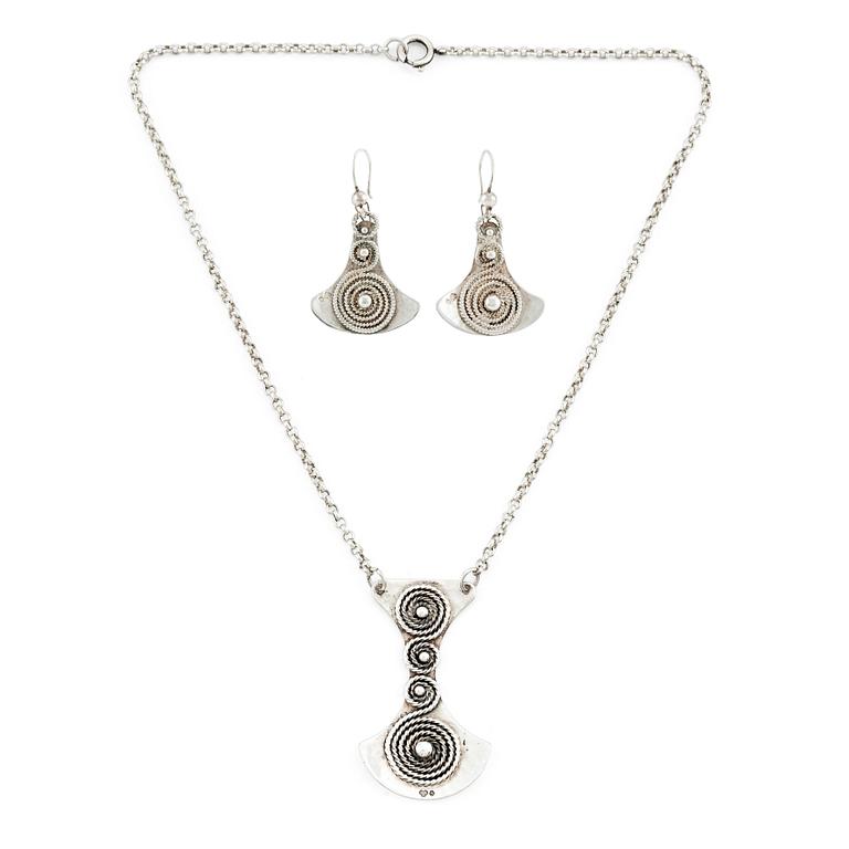 Rosa Taikon, a pendant with chain and a pair of earrings, sterling silver, Stockholm 1975 and 1976.