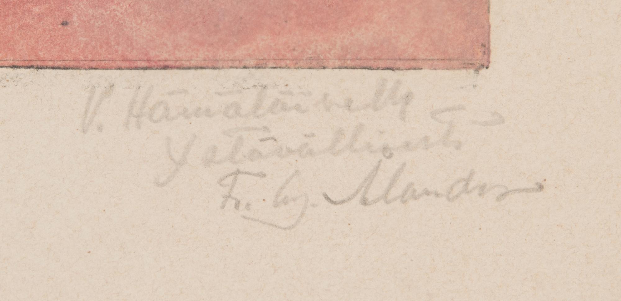 Fredrik Gabriel Ålander, värietsaus, laattasign. ja päivätty 1905, sekä omistuskirjoitus V.Hämäläiselle lyijykynällä.