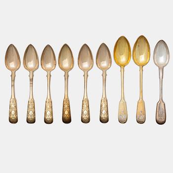 Nine Russian silver spoons, including St Petersburg 1828.
