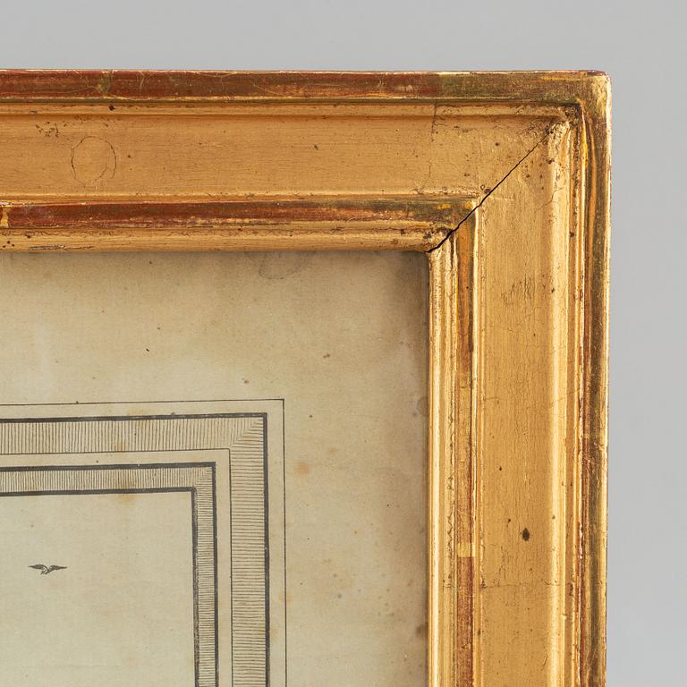 A gustavian frame with enfraving vy Fredrik Akrel after a drawing by Jean Jacques von Biland, 18th Century.