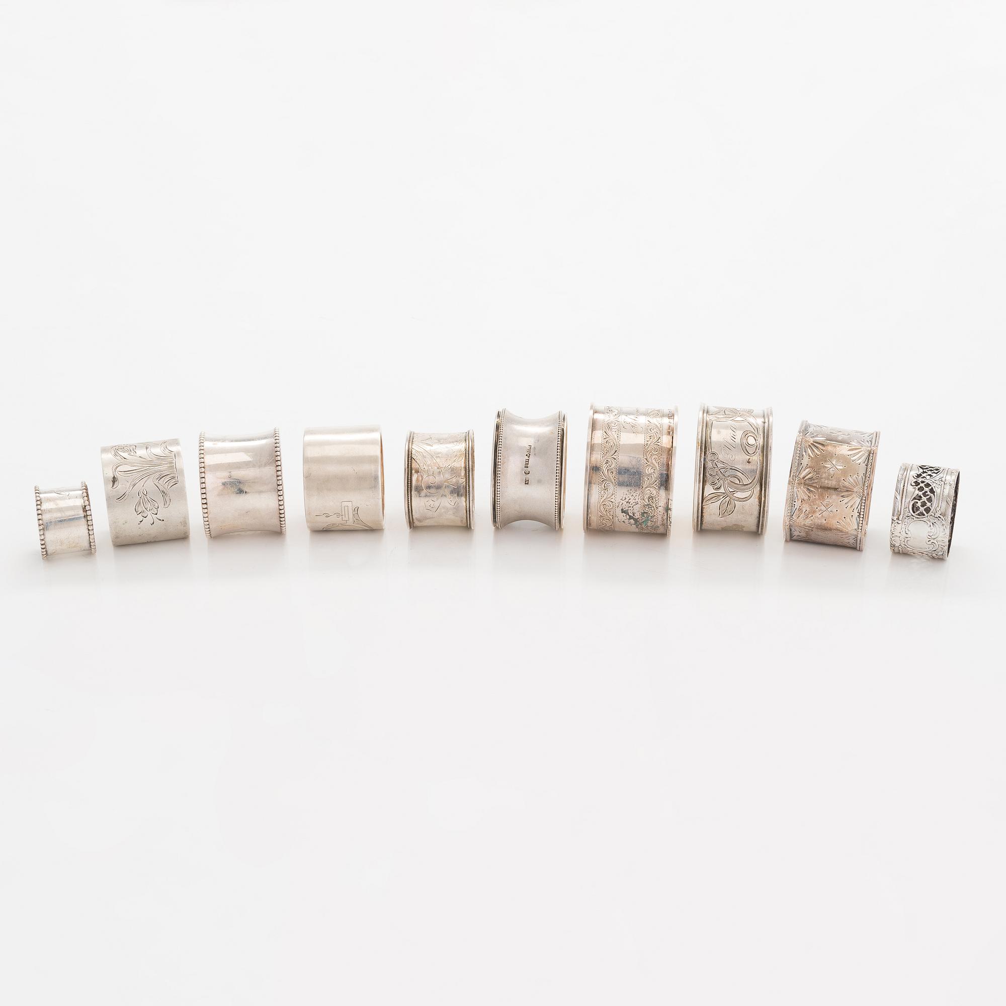 Servettringar, 10 st, silver, bl a England, Finland, Sverige, Ryssland m.fl. 1800-talets slut - 1900-talets mitt.