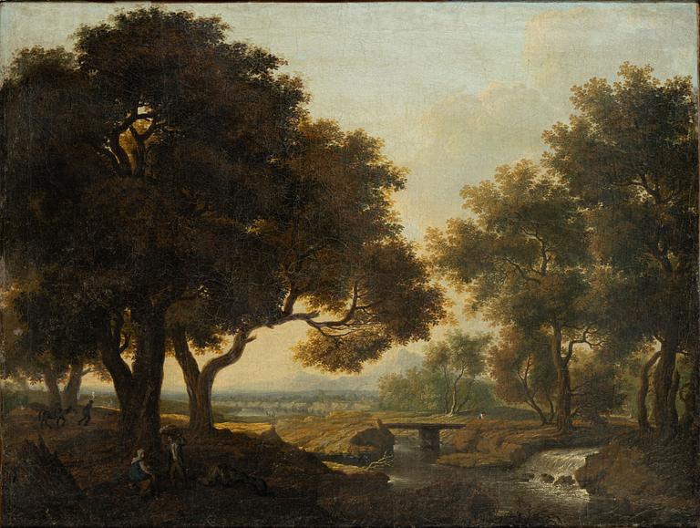 Okänd konstnär, tidigt 1800-tal, Pastoralt landskap med figurer vid bäck.