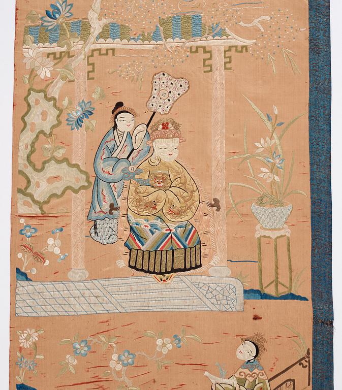 Two embroidered silk panels, late Qing dynasty.