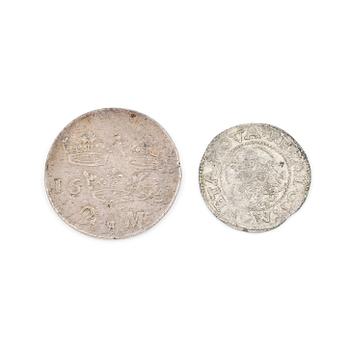 SILVERMYNT, 2 st, 1/4 Mark, Erik XIV, Reval 1566 resp 2 Mark, Karl XI, 1695. Ca 12 gram.