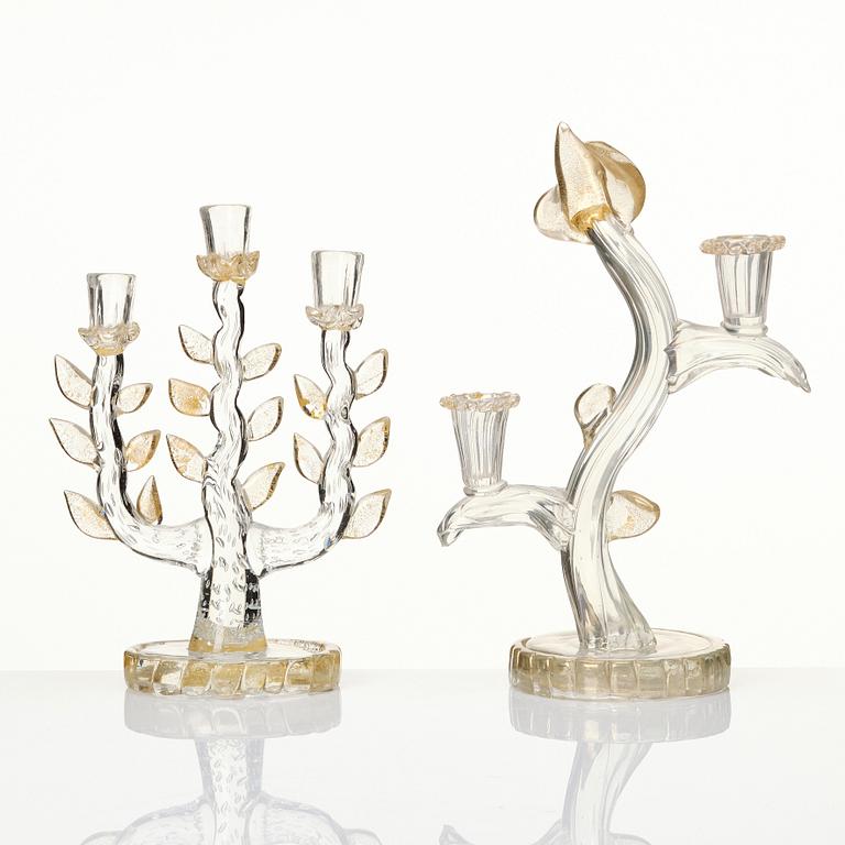 Ercole Barovier, two glass candelabra, Barovier & Toso, Murano, Italy mid 1900s.