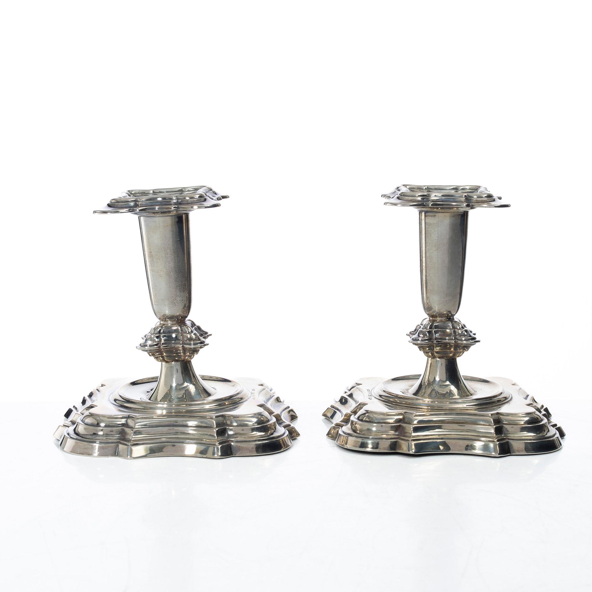 A pair of Norwegian silver candlesticks, mark of T Olsens Eftf, Bergen, Norway, Swedish import mark, 20th century.