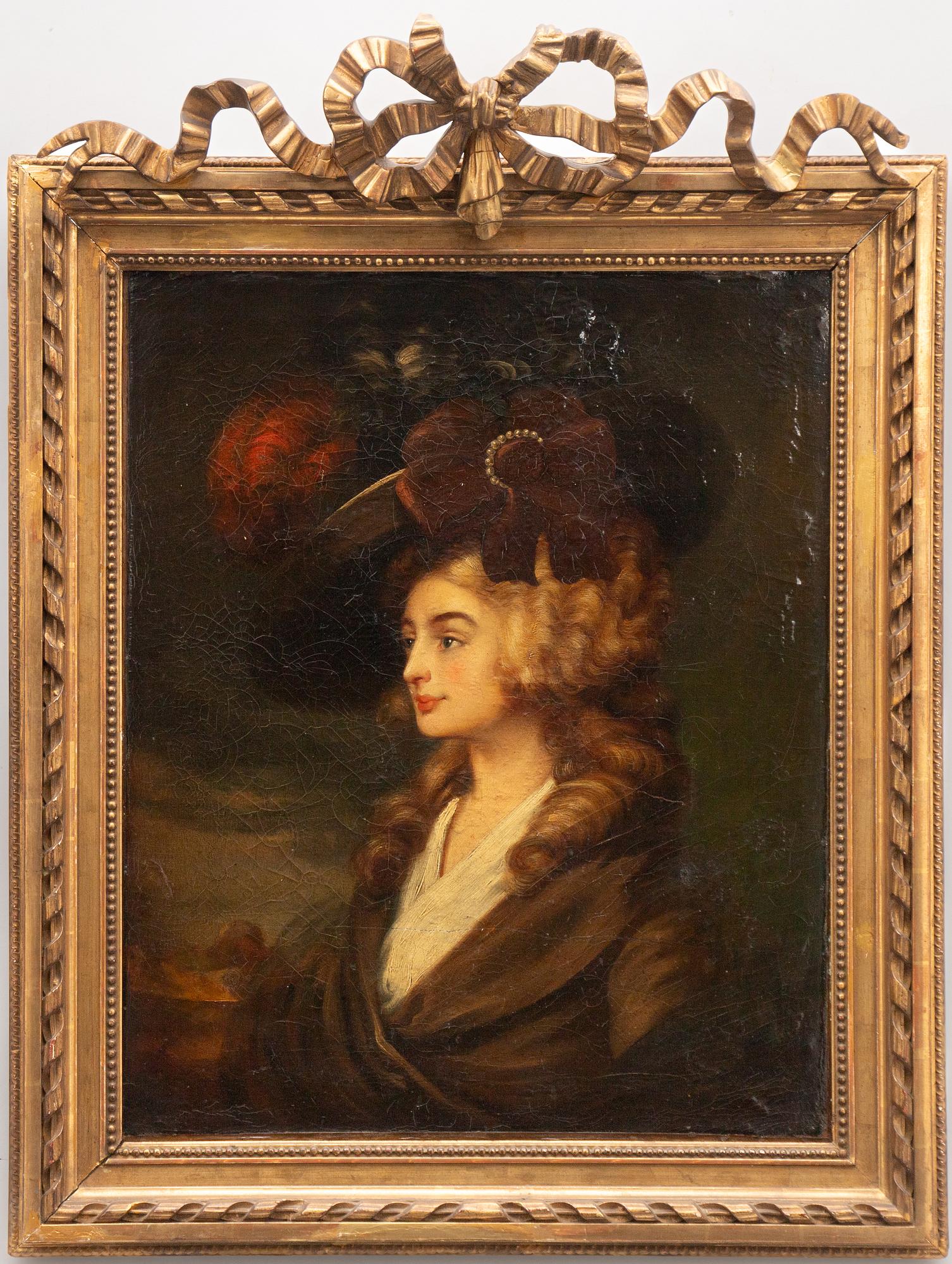 Engelsk konstnär, 1800-tal. Porträtt av dam med röda plymer. - Bukowskis
