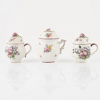 A set of three Marieberg custard cups with covers, 18th Century.