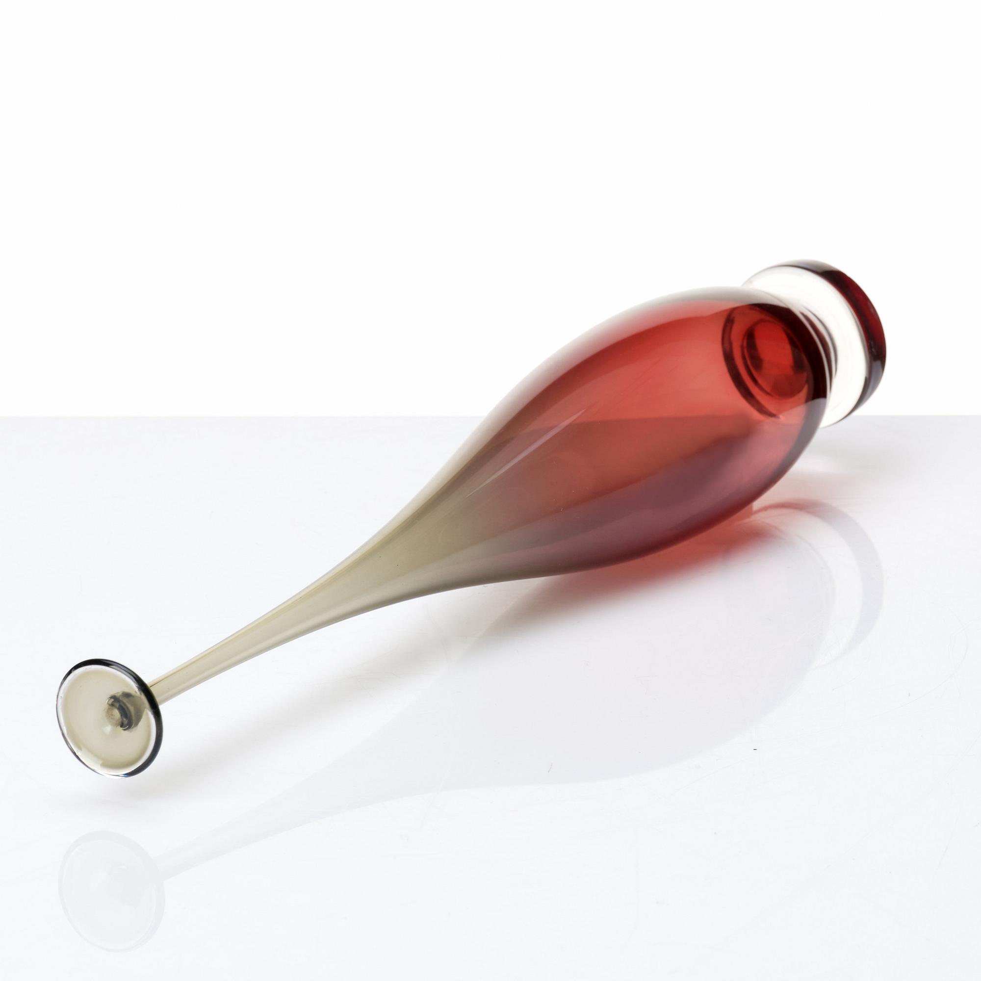 Nils Landberg, a red and green tinted glass vase, Orrefors 1961.