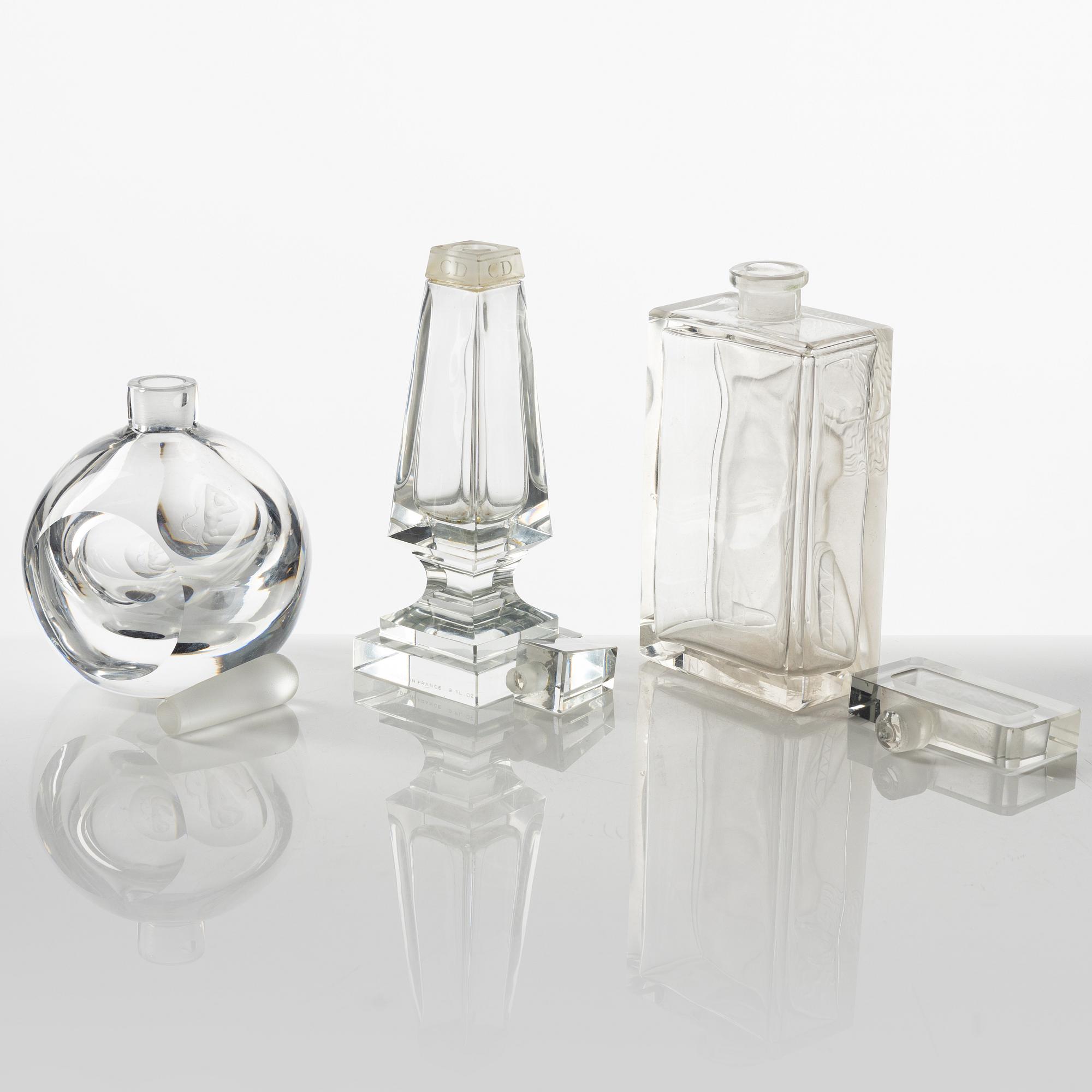 Three glass flacons, including one Vicke Lindstrand, Orrefors.