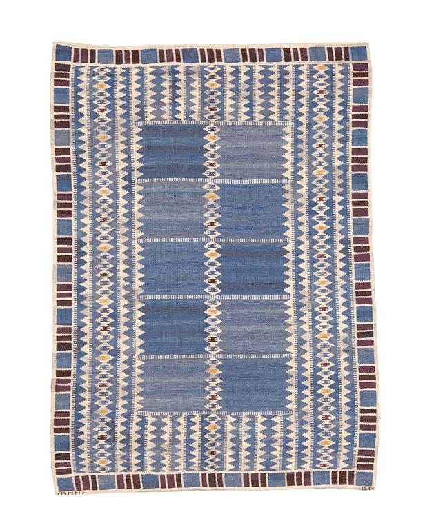 Barbro Nilsson, a carpet, "Salerno blå", flat weave, ca 245 x 177 cm, signed AB MMF BN.