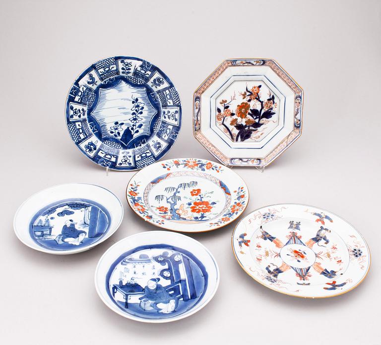 TALLRIKAR, 6 st, porslin, Kina, bland annat Qing dynastin, 1700-tal.