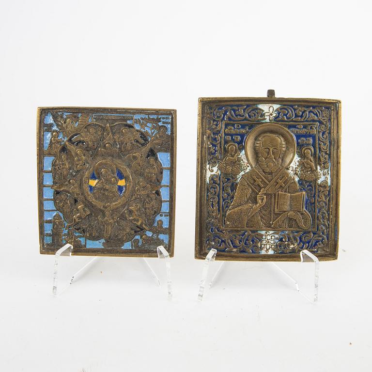 A set of five Russian brass and enamel icons 19th/20th century.