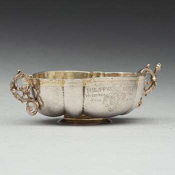 A German 17th century parcel-gilt silver brandy-bowl, unmarked, dated 1636.