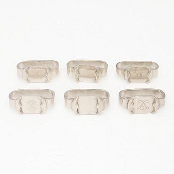 Erik Sjødahl Andersen, napkin rings, 6 pcs, sterling silver, Denmark, latter half of the 20th century.