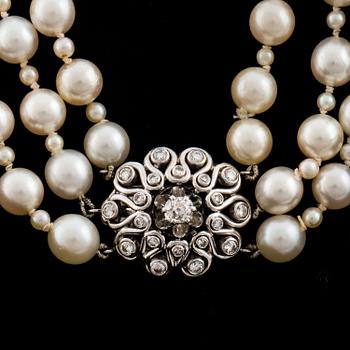 A three strand cultured pearl necklace with a clasp decorated with diamands.