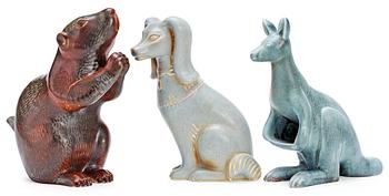 414. Three Gunnar Nylund stoneware figures, a kangaroo, a dog and a marmot, Rörstrand.