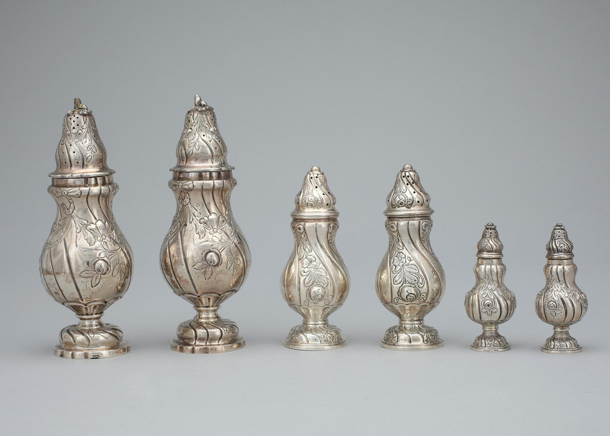 STRÖARE, 6 st, silver, Rokokostil, 1900-tal. Total vikt ca 706 gr.