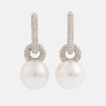 Pearl and brilliant cut diamond earrings.