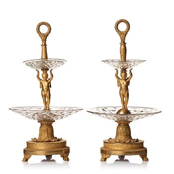 115. A pair of French Empire early 19th century gilt bronze and glass centre pieces in the manner of Pierre Philippe Thomire.