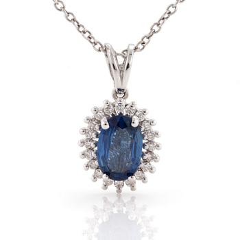 KEDJA samt HÄNGE med fasettslipad safir omgivs av diamanter, 18K vitguld.