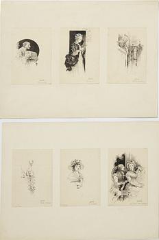 Carl Larsson, 6 drawings, signed C.L, Indian ink and hightening white mounted on cardboard.