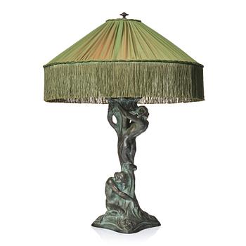 Alice Nordin, an Art Nouveau patinated bronze table lamp "Night and Morning", Herman Bergman's foundry, Stockholm, early 1900s.