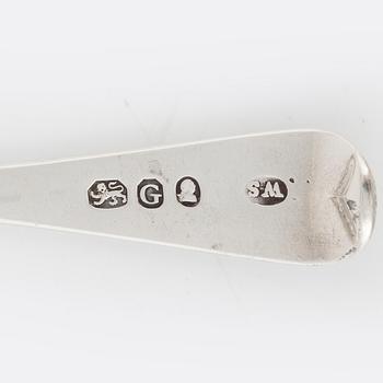 Six silver spoons, Ireland and England, including James Le Bas, Dublin 1828.