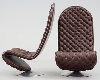 A pair of Verner Panton 'System 1-2-3 De Lux' brown leather easy chairs, Fritz Hansen, Denmark.