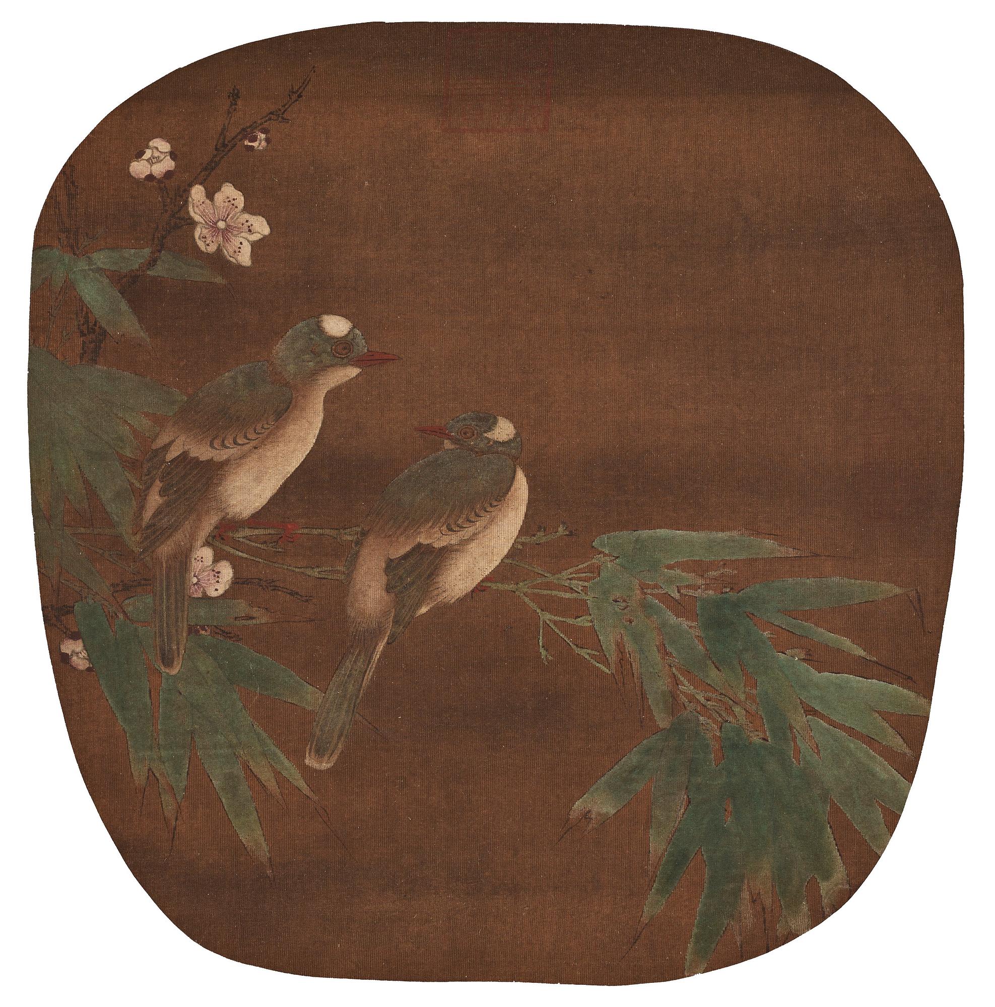 A Chinese fan painting, ink and colour on silk laid on paper, after a Song dynasty painting, Qing dynasty.