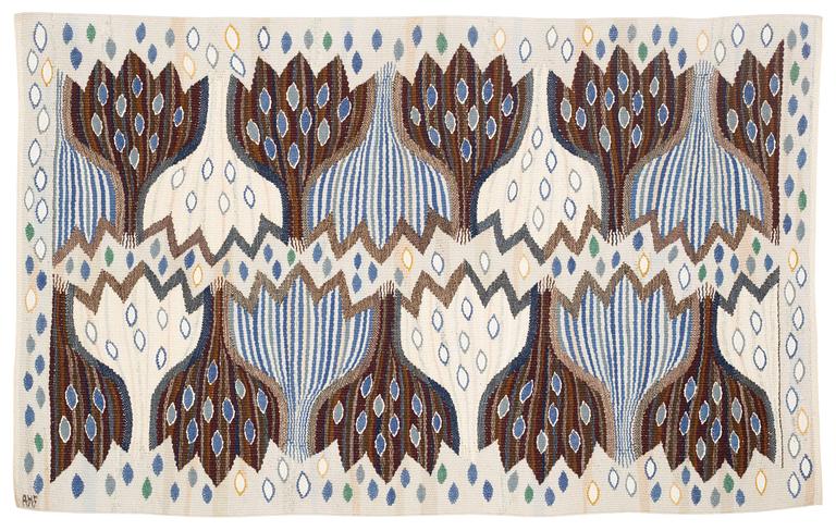 Ann-Mari Forsberg, a textile, "Blå crocus", a tapestry variant, ca 94,5 x 58 cm, signed AMF.