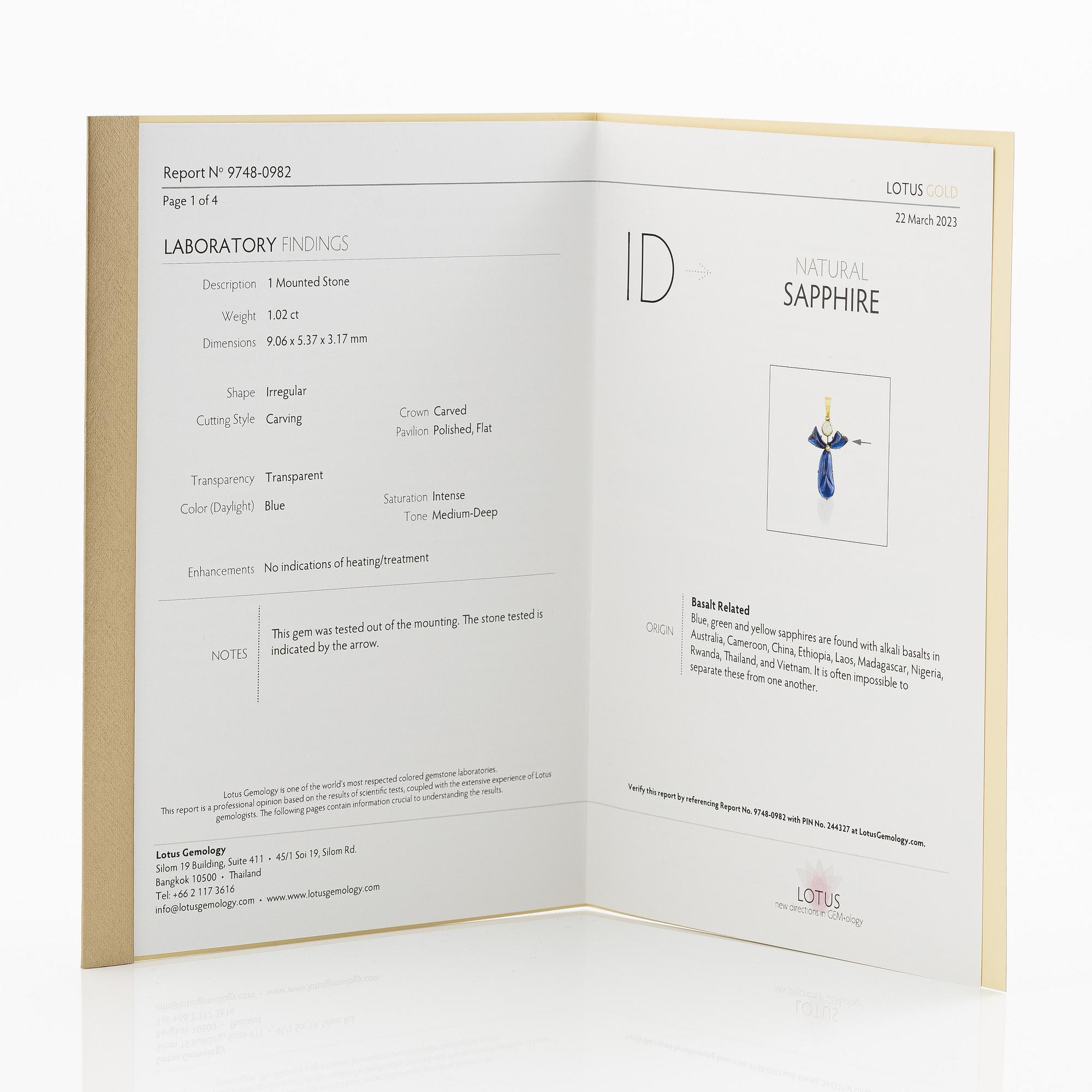 Pendant, 18K gold with carved sapphires, white sapphire, and a small rose-cut diamond.