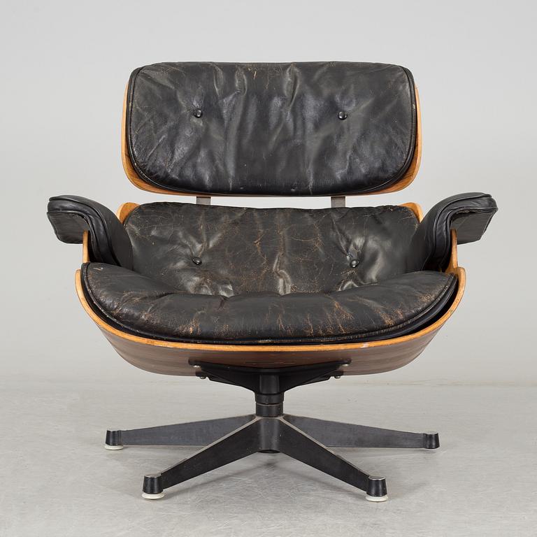An easy chair and ottoman by Charles & Ray Eames, Herman Miller, USA, produced with licence by Hille, London.