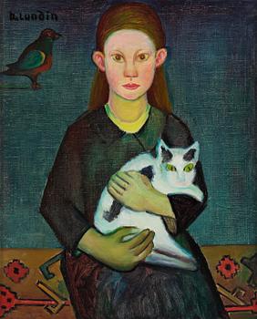 310. Alvar Lundin, "Flicka med katt och fågel".